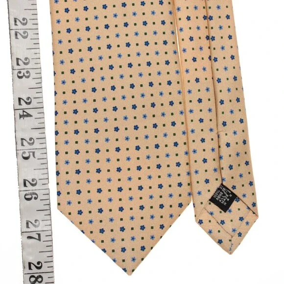 Drake's NWT Neck Tie Beige w/ Blue & Green Mini Floral / Geo Pattern 100% Silk